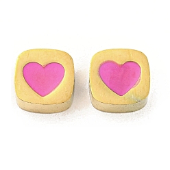 Ярко-Розовый Ионное покрытие (ip) покрытие стойки 316l бусины из хирургической нержавеющей стали, без никеля , с эмалью, реальный 18 k позолоченный, квадрат с сердцем, ярко-розовый, 8x8x3.5 мм, отверстие : 2 мм