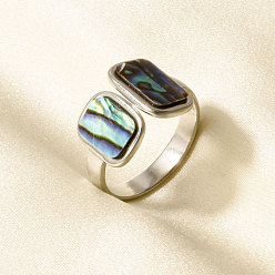 Нержавеющая Сталь Цвет 304 Открытые кольца-манжеты из нержавеющей стали с натуральными ракушками для женщин, прямоугольные, цвет нержавеющей стали, 13 мм, внутренний диаметр: 17 мм