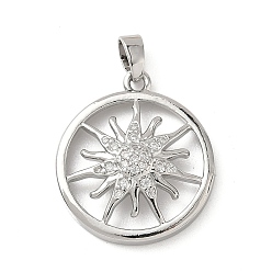 Платина Латунные микро проложить кубического циркония подвески, плоские круглые с солнцем, платина, 22x19x4.5 мм, отверстие : 4.5x2.5 мм