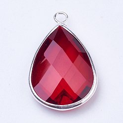Dark Red Silver Color Plated Brass Glass Teardrop Pendants, Faceted, Dark Red, 18x10x5mm, Hole: 2mm