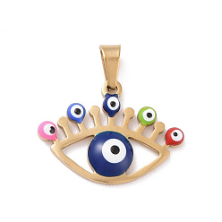 Colorful PVD Vacuum Plating 304 Stainless Steel Enamel Pendants, Golden, Hollow, Eye with Evil Eye, Colorful, 16x22x3mm, Hole: 5x3mm
