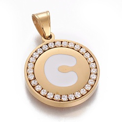 Letter C 304 Stainless Steel Enamel Pendants, with Cubic Zirconia, Flat Round with Letter, Golden, Clear, Letter.C, 29x25x3mm, Hole: 5.5x8.5mm