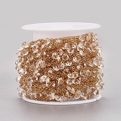 Bisque Handmade Glass Beaded Chains, Soldered, with Spool, Brass Chain, Long-Lasting Plated, Golden, Bisque, 4x2mm, about 32.8 Feet(10m)/roll