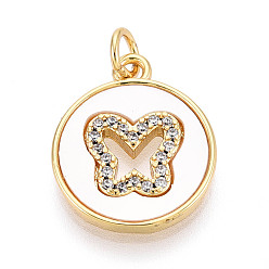 Настоящее золото 18K Латунные микропаве прозрачные подвески с фианитом, без кадмия и без свинца, с оболочкой, плоский круглый & бабочка, с целью перехода в кольце, реальный 18 k позолоченный, 18x15x2.5 мм, отверстие : 3.5 мм