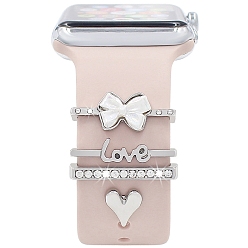 Platinum Word Love & Heart Alloy Rhinestones Watch Band Charms Set, Watch Band Studs, Decorative Ring Loops, Platinum, Inner Diameter: 2.2x0.35cm, 4pcs/set