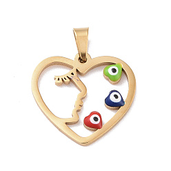 Colorful PVD Vacuum Plating 304 Stainless Steel Enamel Pendants, Golden, Hollow, Heart with Evil Eye, Colorful, 19x20x2mm, Hole: 5x3mm