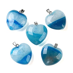 Cielo Azul Oscuro Colgantes de ágata con núcleo de cristal natural teñidos y calentados, con 304 presas de acero inoxidable a presión, encantos del corazón, color acero inoxidable, cielo azul profundo, 32~33x30x13~14 mm, agujero: 7x4 mm