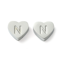 Letter N Устойчивые к потускнению 316l хирургические шарики из нержавеющей стали, Любовное сердце с бусинкой в виде буквы, цвет нержавеющей стали, Письмо N, 5.5x6.5x2.5 мм, отверстие : 1.4 мм