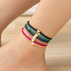 (52) Непрозрачная лаванда 7 шт. комплекты браслетов на лодыжку из латуни и стеклянных бусин в стиле бохо с сердечками, штабелируемые ножные браслеты, золотые, разноцветные, внутренний диаметр: 3 дюйм (75 мм)