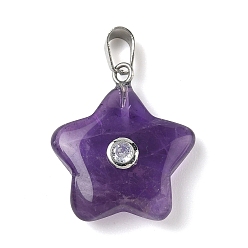 Аметист Подвески из натурального аметиста , подвески-звезды с 201 микрофиброй из нержавеющей стали и кубическими циркониями, цвет нержавеющей стали, 21.5x20x6.5 мм, отверстие : 6x3 мм