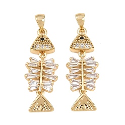 Negro Micro latón allanan colgantes cúbicos del zirconia, encantos de pescado, sin plomo y cadmio, chapado en rack, larga duración plateado, real 18 k chapado en oro, negro, 30x12x4.5 mm, agujero: 3x5 mm