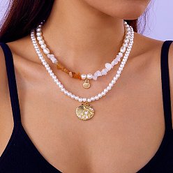 Золотой Летние пляжные сплавы в форме ракушки подвеска пластиковый искусственный жемчуг и натуральный красный авантюрин бисер двухслойные ожерелья для женщин, золотые, 14.17 дюйм(36см)+40мм