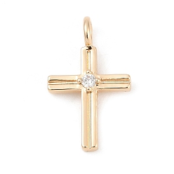 Настоящее золото 18K Подвески из латуни с прозрачным фианитом, крестик, реальный 18 k позолоченный, 19.5x12x4.5 мм, отверстие : 2.5 мм