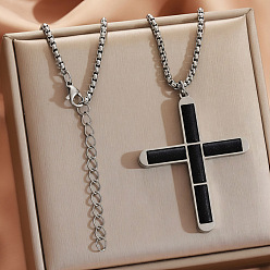 Другие Кварцы 304 Подвеска в виде религиозного креста из нержавеющей стали с окрашенным натуральным черным кварцем., цвет нержавеющей стали, 21.65 дюйм (55 см)