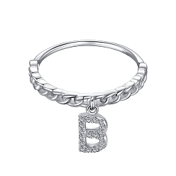 Letter B Женское кольцо на палец из стерлингового серебра с родиевым покрытием и прозрачным цирконием с микропаве, буквы, с печатью 925, Реальная платина, В письме, 925 мм, размер США 1~2.3 (7 мм)