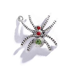 Colorful Alloy Rhinestone Pendants, Spider, Antique Silver, Colorful, 36x31mm