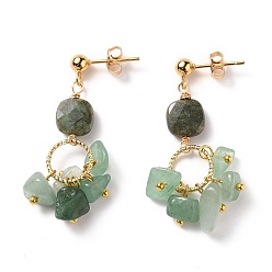 Natural Agate Natural Green Grass Agate & Aventurine Dangle Stud Earrings, with Golden Plated 304 Stainless Steel Stud Earring, Brass Linking Rings & Ear Nuts, Chip, 34mm, Pin: 1mm
