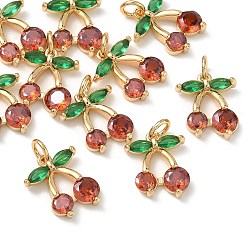 Real 18K Gold Plated SHEGRACE Brass Colorful Cubic Zirconia Charms, Cherry Charms, Cadmium Free & Lead Free & Nickel Free, Real 18K Gold Plated, 14x12x3mm, Hole: 3mm
