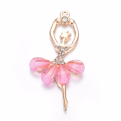 Pink Большие кулоны из смолы , с позолоченными выводами из сплава и стразами, балет девушка, розовые, 60x31x4 мм, отверстие : 2 мм