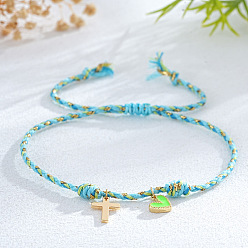 Небесно-голубой Латунь шарм браслеты, плетеные браслеты из синтетического шнура для женщин, крест и сердце, голубой, 7-7/8 дюйм (20 см), внутренний диаметр: 11 дюйм (28 см)