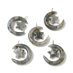 Лабрадорита Природные подвески лабрадорита, луна со звездными чарами, с петлями из медной проволоки, платина, 36~37x27~28x7.5~8 мм, отверстие : 4 мм