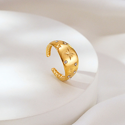 Real 18K Gold Plated 304 Stainless Steel Rhinestone Cuff Open Rings for Women, Eight-Pointed Star, Real 18K Gold Plated, 10mm, Inner Diameter: 17mm