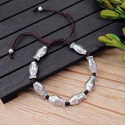 Fish Браслеты из плетеных бусин из сплава, регулируемые плетеные браслеты из полиэфирного шнура для мужчин и женщин, античное серебро, рыба, 5-7/8 дюйм (15 см)