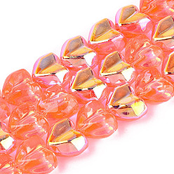 Коралловый Гальванизируйте прозрачное стекло бисер нитей, сердце, с покрытием AB цвета, граненые, окрашенный и сердечный, коралл, 12~13x14~15x8~9 мм, отверстие : 1~1.2 мм, около 60~61 шт / нитка, 28.35~29.13 дюйм (72~74 см)