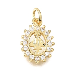 Real 18K Gold Plated Religion Brass Micro Pave Clear Cubic Zirconia Charms, Oval with Virgen de Juquila Charms, Rack Plating, Long-Lasting Plated, Cadmium Free & Lead Free, Real 18K Gold Plated, 14.5x10.5x2mm, Hole: 3.5mm
