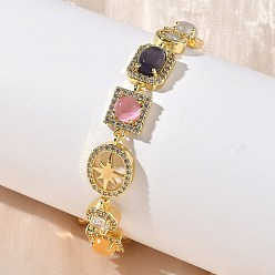 Настоящее золото 18K Браслеты-цепочки из латуни с микропаве из кубических цирконий и кошачьего глаза прямоугольной, квадратной и овальной формы для женщин, стойки покрытие, долговечный, без кадмия и без свинца, реальный 18 k позолоченный, 7-1/8 дюйм (18.1 см)