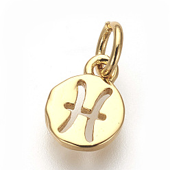 Рыбы Латунь прелести, без свинца и без кадмия, плоский круглый с созвездиями, золотые, Рыбы, 9.5x7x1 мм, отверстие : 3 мм