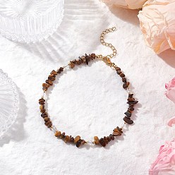 Тигровый глаз Браслеты на ногу с натуральным тигровым глазом и стеклянными бусинами, с 304 удлинителями цепи из нержавеющей стали, золотые, 9-1/8~9-1/4 дюйм (233~236 мм)