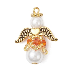 Оранжевый Подвески из перламутрового стекла и жемчуга, угол, с крылом из сплава и железной петлей, оранжевые, 26x20x10.5 мм, отверстие : 1 мм