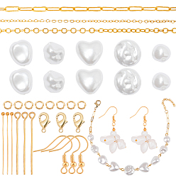 Кремово-белый Набор для самостоятельного изготовления браслета из сережек с имитацией жемчуга, в том числе сердце из абс-пластика, каплевидные и многоугольные бусины, латунные застежки, крючки и цепочки для серег, кремово-белые