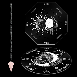 Moon DIY Pendulum Board Dowsing Divination Making Kit, Including Natural Rose Quartz Cone Pendants, 304 Stainless Steel Cable Chain Necklaces, Acrylic Pendulum Board, Moon Pattern, 4Pcs/set