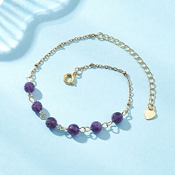 Аметист Браслеты из натуральных аметистовых бусин, браслеты из нержавеющей стали с цепочками для женщин, круглые, 7-1/8 дюйм (18.2 см)