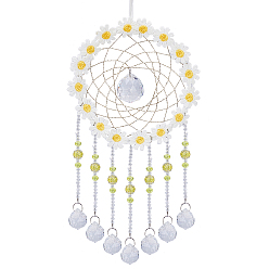 Platinum Brass Woven Net/Web Decor Hanging Prism Ornaments, with Faceted Glass, Nylon String, for Home Window Lighting Decoration, Flower, Platinum, 445x150mm