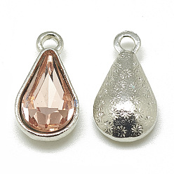 Темный Лосось Сплав стекла подвески, граненые, слеза, платина, темный лосось, 18x10x5 мм, отверстие : 2 мм