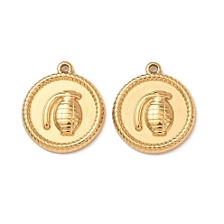 Real 18K Gold Plated 304 Stainless Steel Pendants, Flat Round with Grenade Charms, Ion Plating(IP), Real 18K Gold Plated, 17.5x15.5x2.5mm, Hole: 1.2mm