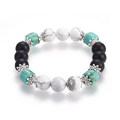 Howlite Natürliche howlite Perlen Armbänder dehnen, natürlicher schwarzer Achat (gefärbt), synthetische Türkis, 2 Zoll (5 cm)