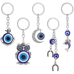 Mixed Color Alloy Keychain, with Glass Beads, Mixed Shapes, Mixed Color, 5pcs/set