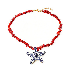 Bleu Foncé Colliers pour femmes avec pendentif étoile de mer en alliage émaillé et perles de résine, style plage d'été, or, bleu foncé, 15.75 pouce (40 cm)