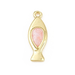 Pink Colgantes de latón, encantos de pescado, con esmalte, sin plomo y cadmio, chapado en rack, larga duración plateado, real 18 k chapado en oro, rosa, 20x7x2.5 mm, agujero: 1.5 mm