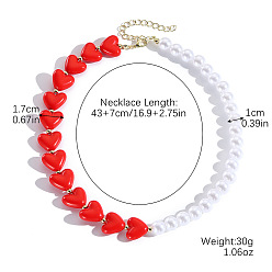 Красный Женские кулоны в форме сердца из смолы и круглых бусин из искусственного жемчуга с застежками из сплава., золотые, красные, 16.93 дюйм (43 см)