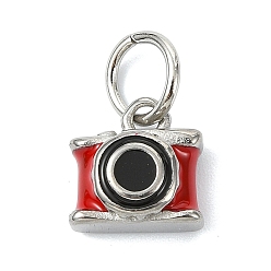 Другие 304 нержавеющей стальной эмали подвески, цвет нержавеющей стали, красные, очарование камеры, 9.5x9.5x6 мм, отверстие : 5 мм
