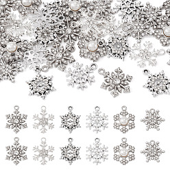 Platin Farbe 36pcs 6 Stile legieren Strassanhänger, Mit Harzperle, Schneeflockenzauber, Platin Farbe, 17.5~22.5x16~18.7x2 mm, Bohrung: 1.5~2 mm, 6 Stück / Stil