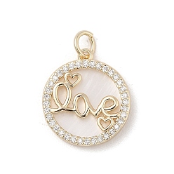 Слово Латунные микропаве прозрачные подвески с фианитом, с натуральной белой оболочкой и прыгающим кольцом, реальный 18 k позолоченный, плоско-круглые, слово, 18x16x3 мм, отверстие : 3.2 мм