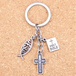 Antique Silver & Platinum Religion Theme Zinc Alloy Keychain, Cross with Fish and Book, Antique Silver & Platinum, 7.5cm
