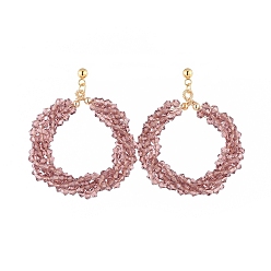 Rose Vieux Boucles d'oreille, avec des perles de verre à facettes, Boucles d'oreilles 304 en acier inoxydable plaqué or, perles en laiton et écrous d'oreille, vieux rose, 54mm, pin: 0.7 mm