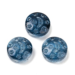 Прусский Синий Прозрачные стеклянные бусины, Плоский круглый с луной и звездой, спекающийся лак, берлинская лазурь, 13x6 мм, отверстие : 1 мм